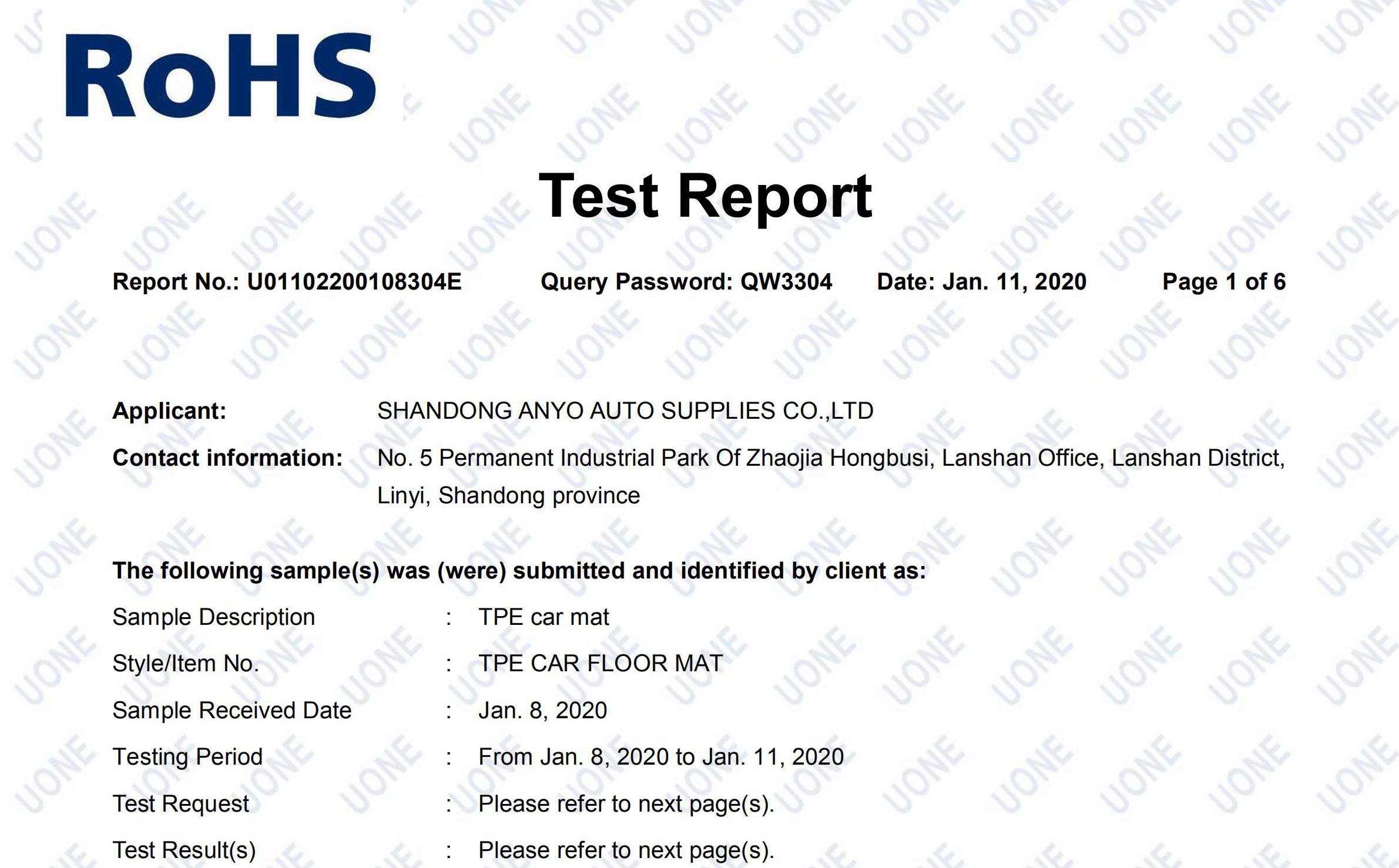 Our TPE car floor liner has passed the ROHS test certification of European Union